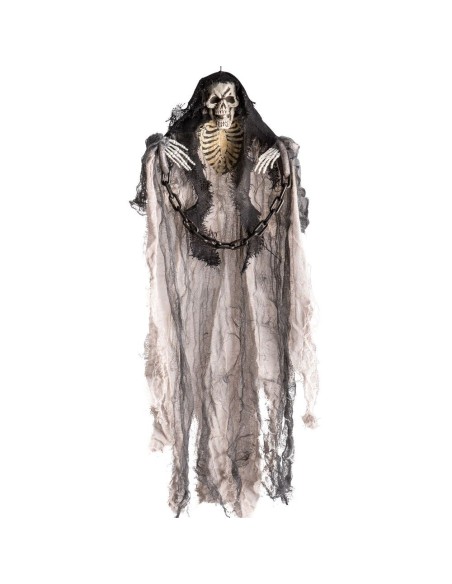 Scheletro decorativo da appendere con mantello strappato e catene per Halloween horror