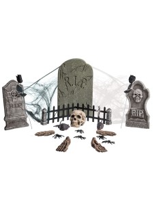 Set decorazioni cimitero Halloween con lapidi teschi ossa ragni ragnatele 24 pezzi horror