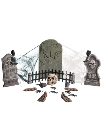 Set decorazioni cimitero Halloween con lapidi teschi ossa ragni ragnatele 24 pezzi horror