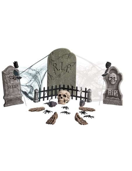 Set decorazioni cimitero Halloween con lapidi teschi ossa ragni ragnatele 24 pezzi horror