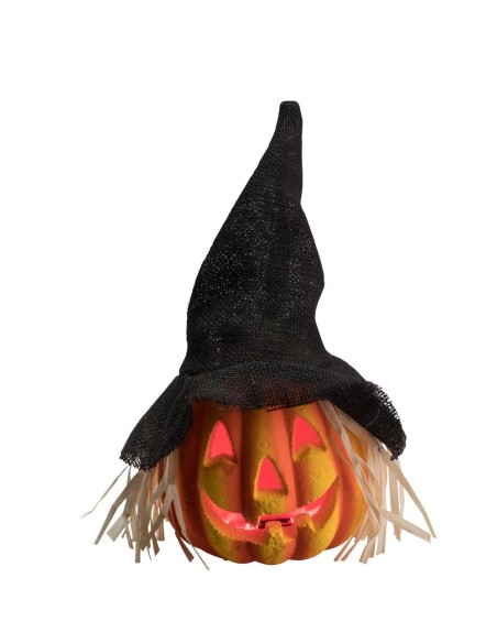Zucca Halloween arancione illuminata con cappello strega nero e paglia decorativa per feste a tema