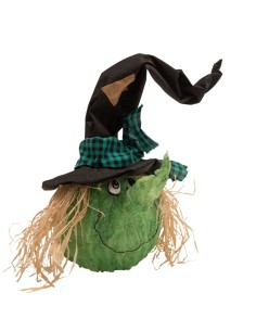 Zucca verde Halloween decorativa con cappello da strega nero e capelli rafia, luci LED integrate