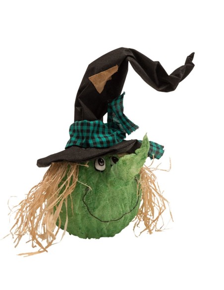 Zucca verde Halloween decorativa con cappello da strega nero e capelli rafia, luci LED integrate
