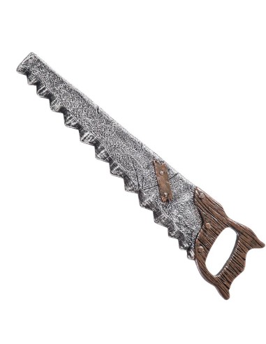 Sega teatrale finta con lama dentata argentata e manico in legno marrone lunga 53 cm per costumi horror