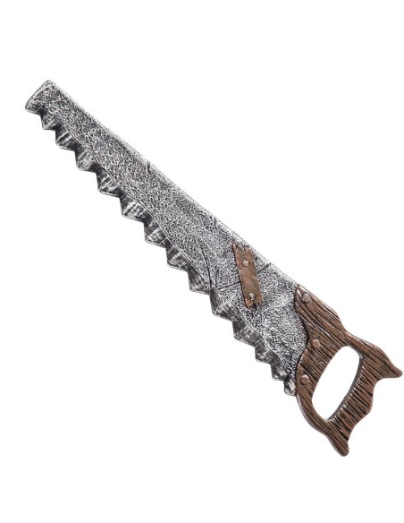 Sega teatrale finta con lama dentata argentata e manico in legno marrone lunga 53 cm per costumi horror