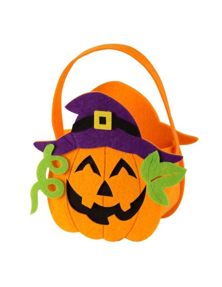 Borsina zucca Halloween in feltro arancione con cappello strega viola e foglie verdi decorative