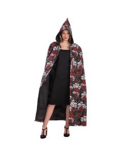 Mantello lungo gotico nero con stampa rose rosse e teschi, cappuccio incluso per costume Halloween donna