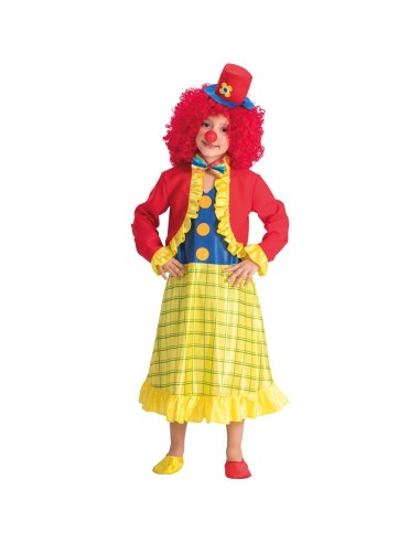 Costume clown bambina colorato con giacca rossa, gonna gialla e cappello blu per feste e Carnevale