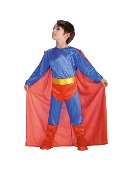 Costume supereroe bambino con tuta blu, mantello rosso e cintura gialla Flying Boy