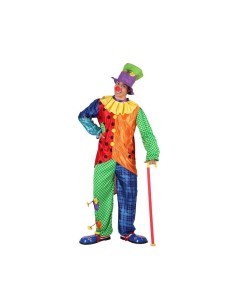Costume clown uomo multicolore con giacca patchwork e pantaloni colorati per feste carnevale