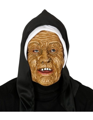 Maschera monaca del terrore con volto rugoso e copricapo nero per Halloween horror