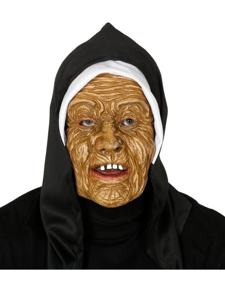 Maschera monaca del terrore con volto rugoso e copricapo nero per Halloween horror