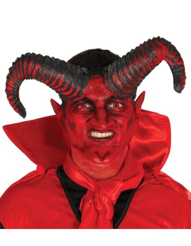 Corna di Satana nere e rosse ricurve per costume da diavolo Halloween
