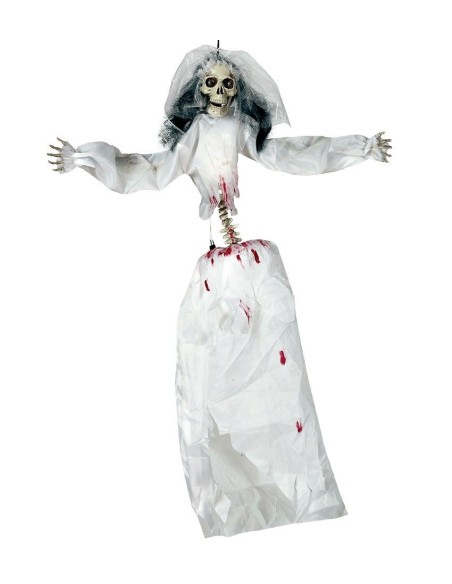 Decorazione Halloween sposa cadavere con abito bianco macchiato sangue e teschio da appendere