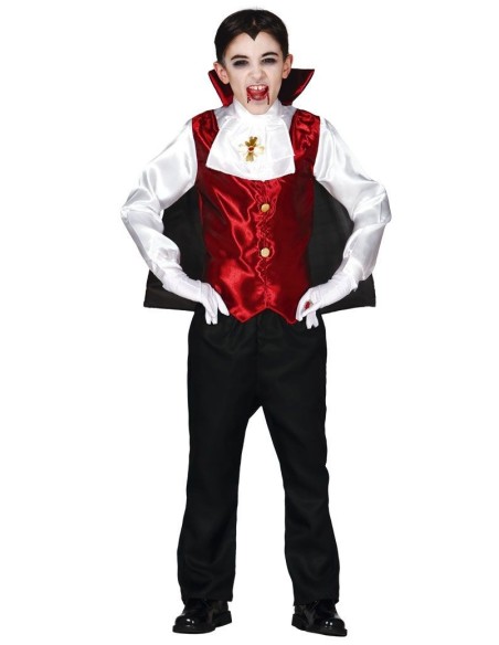Costume da Conte Dracula bambino con mantello nero, gilet rosso e camicia bianca per Halloween