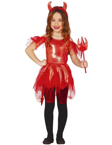Costume diavolessa bambina rosso con abito metallizzato, corna e tridente per Halloween