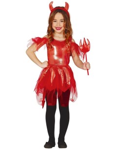 Costume diavolessa bambina rosso con corpetto lucido gonna tulle cornetti e tridente per Halloween feste