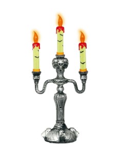 Candelabro argentato gotico con tre candele verdi accese per decorazioni Halloween horror