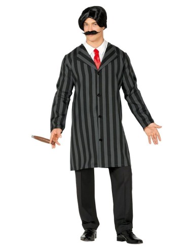 Costume Gomez Addams uomo con giacca rigata grigia, pantaloni neri e baffi per Halloween