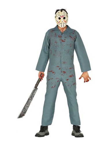 Costume Jason Voorhees con tuta grigia insanguinata e machete per Halloween horror