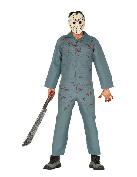 Costume Jason Voorhees con tuta grigia insanguinata e machete per Halloween horror