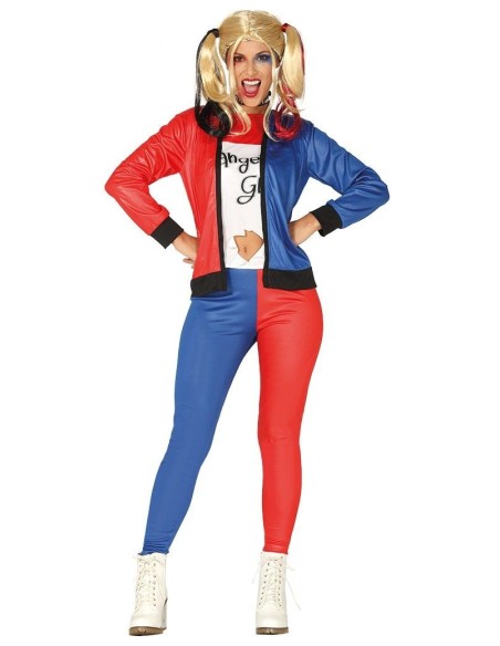 Costume Harley Quinn con giacca rossa blu, leggings bicolore e maglietta per donna Halloween cosplay