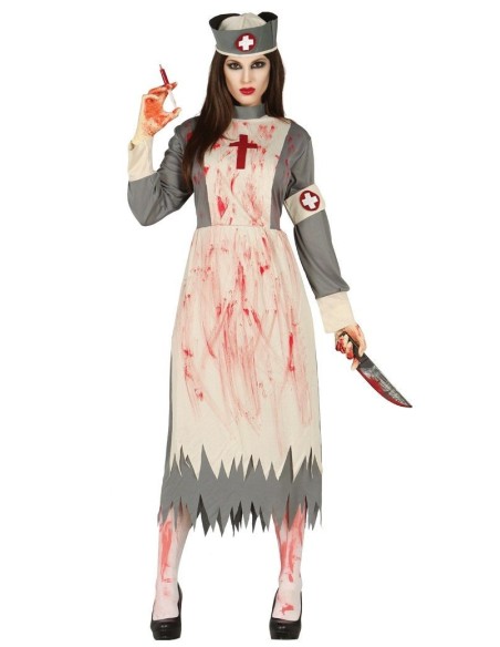 Costume infermiera zombie donna con abito grigio macchiato sangue e cappellino per Halloween horror