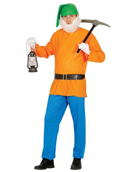 Costume da nano completo con tunica arancione, cappello verde, piccozza e lanterna per feste a tema fiabe