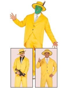 Costume gangster giallo anni '20 con giacca, pantaloni, camicia e cappello per feste a tema