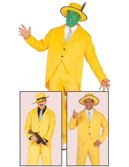 Costume gangster giallo anni '20 con giacca, pantaloni, camicia e cappello per feste a tema