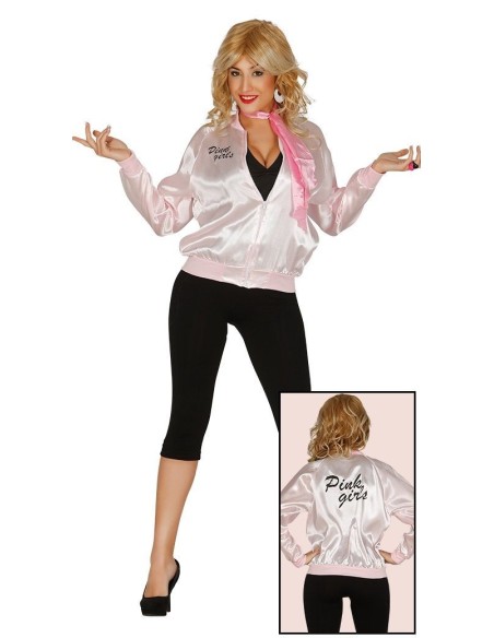 Giacca rosa satinata stile Pink Ladies anni 50 con scritta Pink per costume vintage donna