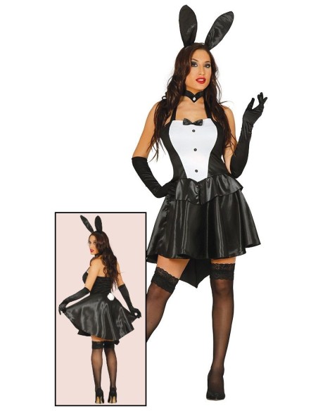 Costume coniglietta sexy nero e bianco con orecchie bustier gonna corta guanti per feste Halloween Carnevale