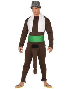 Costume da contadino marrone con gilet, cintura verde e cappello a quadretti per feste a tema