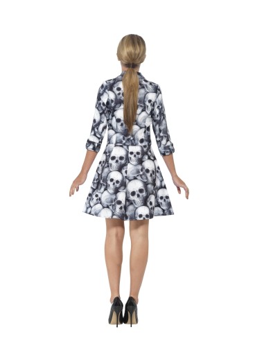 Costume donna con abito grigio a stampa teschi e cintura per Halloween