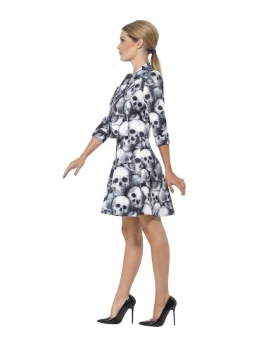 Costume donna con abito grigio a stampa teschi e cintura per Halloween