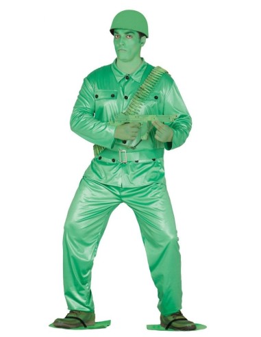 Costume soldatino plastica verde con uniforme militare berretto e bandoliera per Carnevale