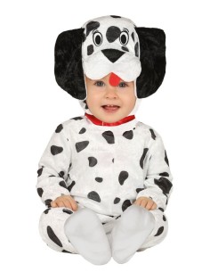 Costume dalmata neonato con tutina bianca a macchie nere e cappello con orecchie per Carnevale