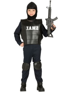Costume SWAT bambino con pettorina tattica nera, passamontagna e ginocchiere per travestimento agente speciale