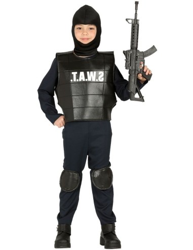 Costume SWAT bambino con pettorina tattica nera, passamontagna e ginocchiere per travestimento agente speciale