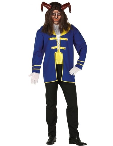 Costume Bestia uomo con giacca blu, gilet giallo, maschera con corna e guanti bianchi per feste in maschera