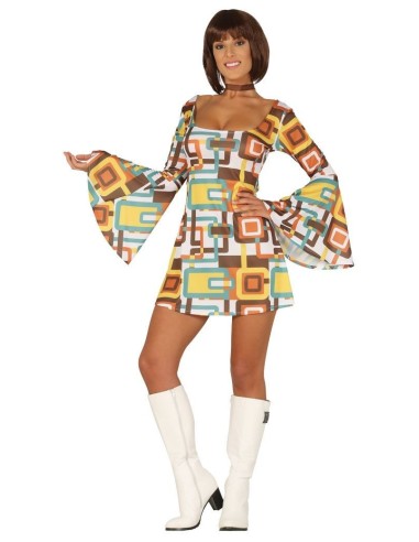 Costume donna disco anni 70 con abito geometrico multicolore e stivali bianchi alti