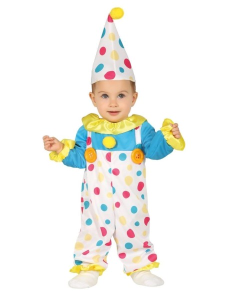 Costume da pagliaccio bambino con tuta a pois colorati, camicia azzurra e cappello a cono