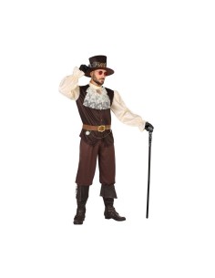 Costume steampunk uomo con gilet marrone, camicia bianca, cappello cilindro e bastone da passeggio vittoriano