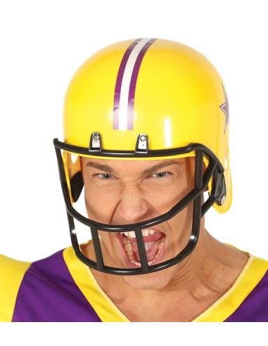 Casco football americano giallo con strisce viola e griglia protettiva nera per costume sportivo