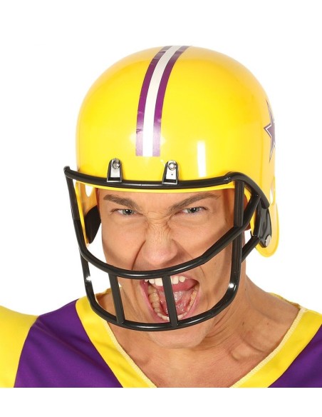 Casco football americano giallo con strisce viola e griglia protettiva nera per costume sportivo