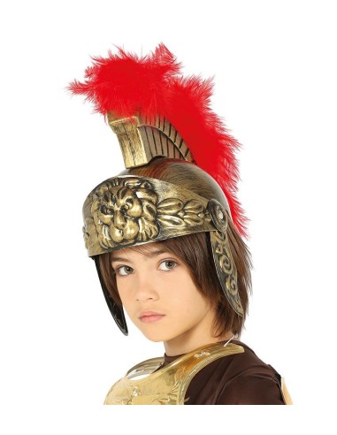 Casco romano dorato con piuma rossa per bambino costume gladiatore antico