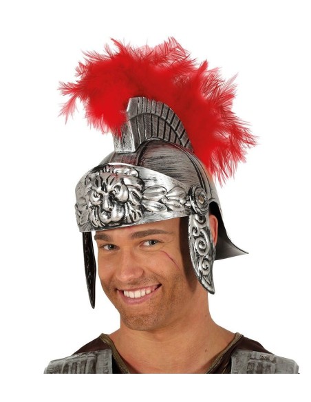 Casco romano argentato con piuma rossa e decorazioni elaborate per costume da centurione gladiatore