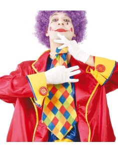 Cravatta pagliaccio a quadretti multicolore indossata da clown con costume rosso e giallo per travestimento circo