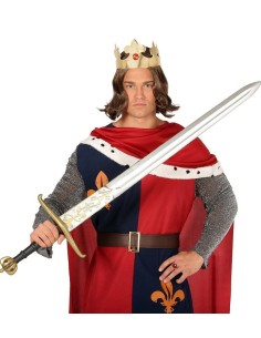 Spada medievale 120 cm con lama argentata e impugnatura dorata per costumi cavaliere