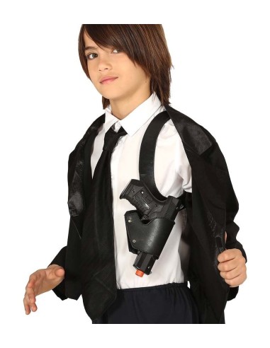 Fondina ascellare nera con pistola giocattolo indossata sotto giacca per costume agente segreto